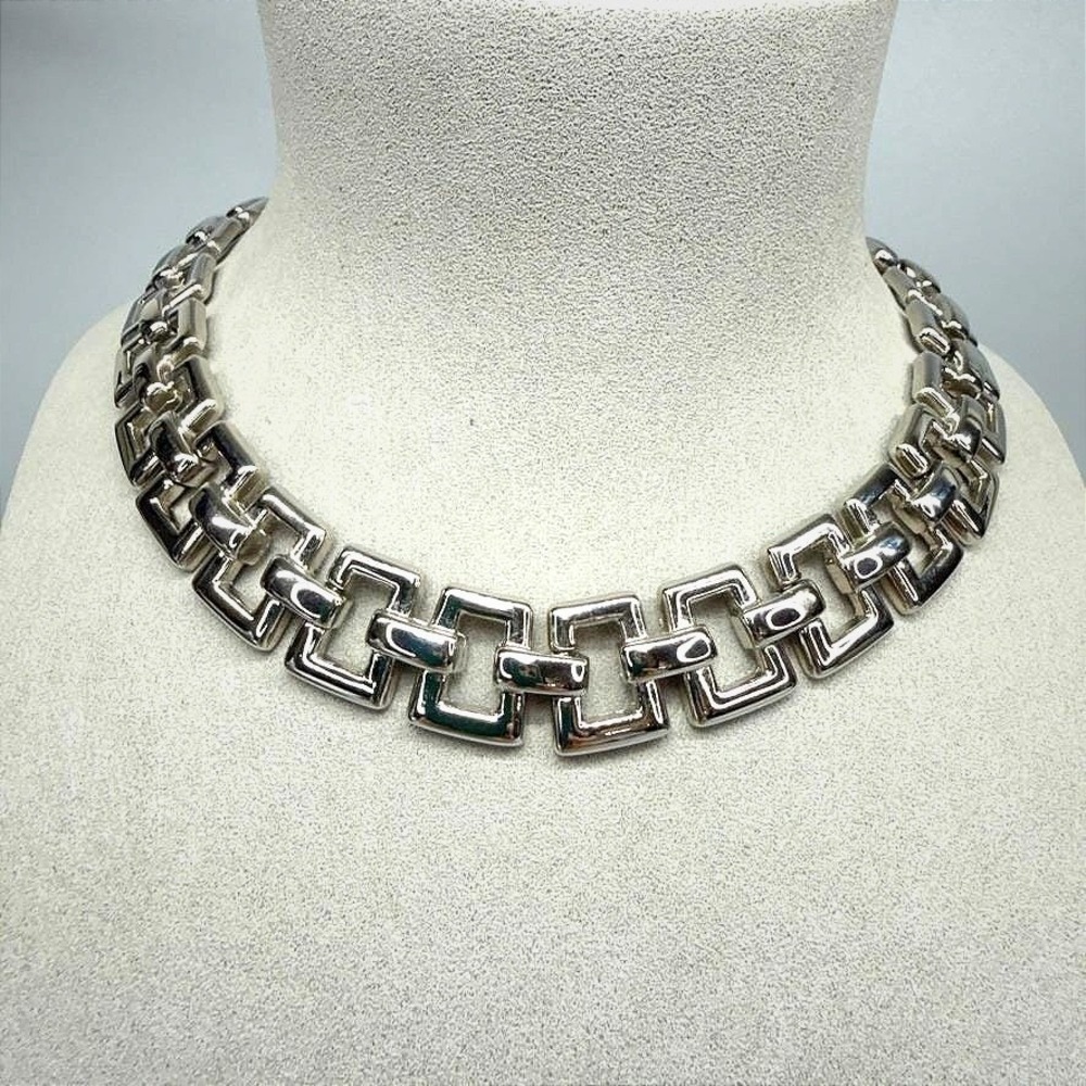 Vintage Chunky Silver Tone Square Link Choker Necklace 16" Heavy Bold Statement